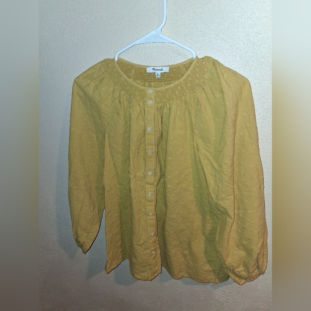 Madewell Floral EmbroideredMustard Yellow  Smocked Neck Raglan Top XXS - Picture 4 of 10